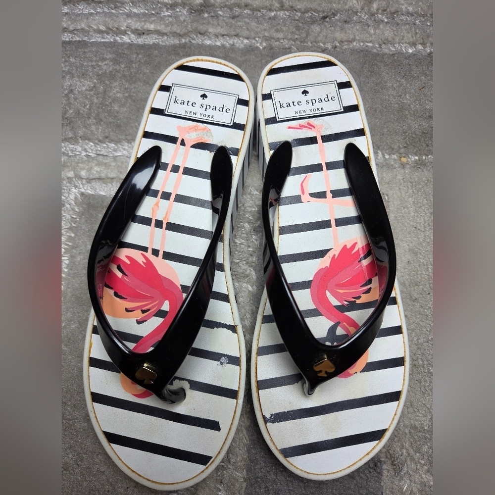 kate spade Black Striped Flip Flops with Pink Flamingo Print